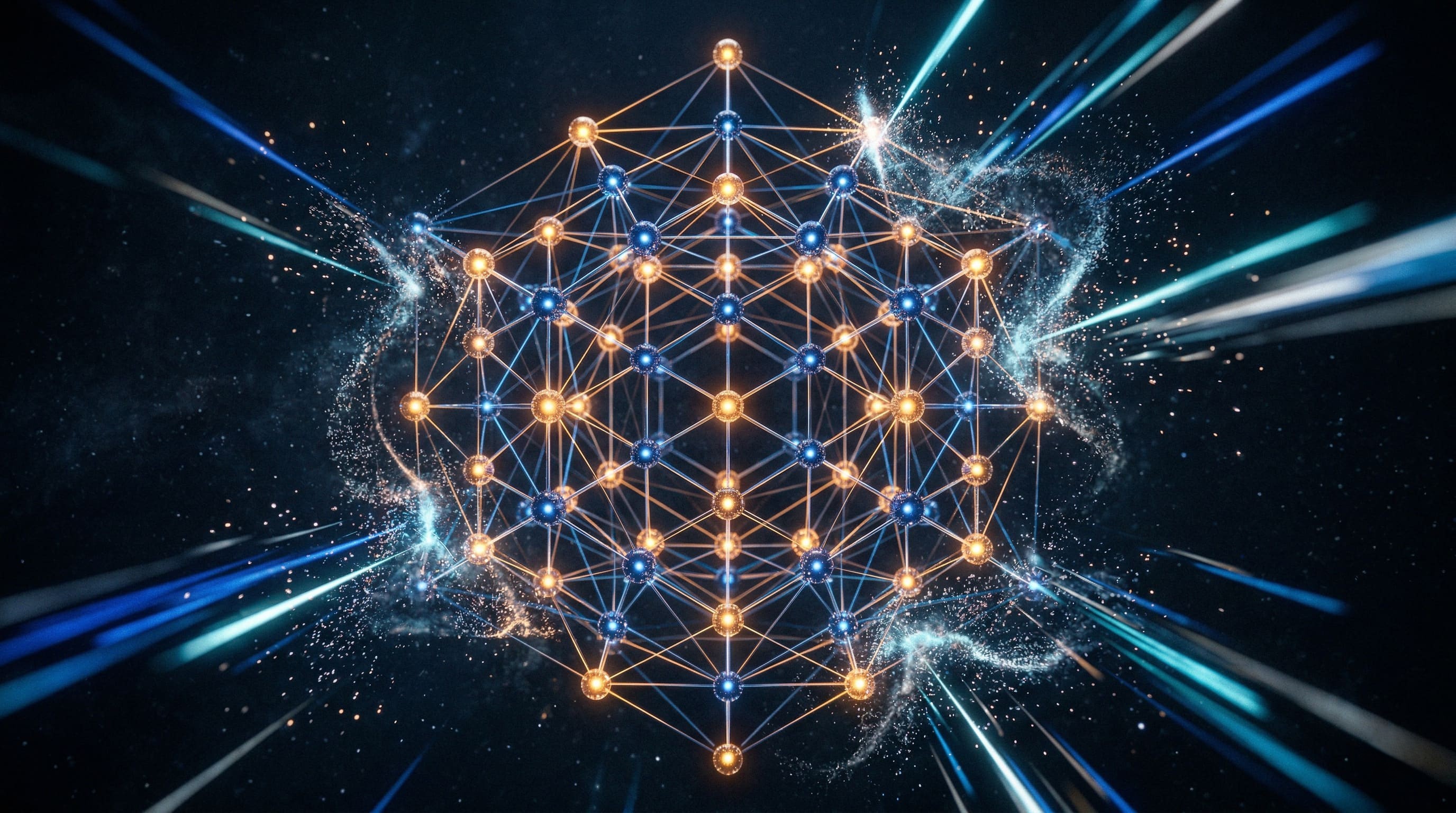 A perfectly stable, geometric lattice of glowing amber and deep blue nodes suspended in a dark void, absorbing external laser strikes