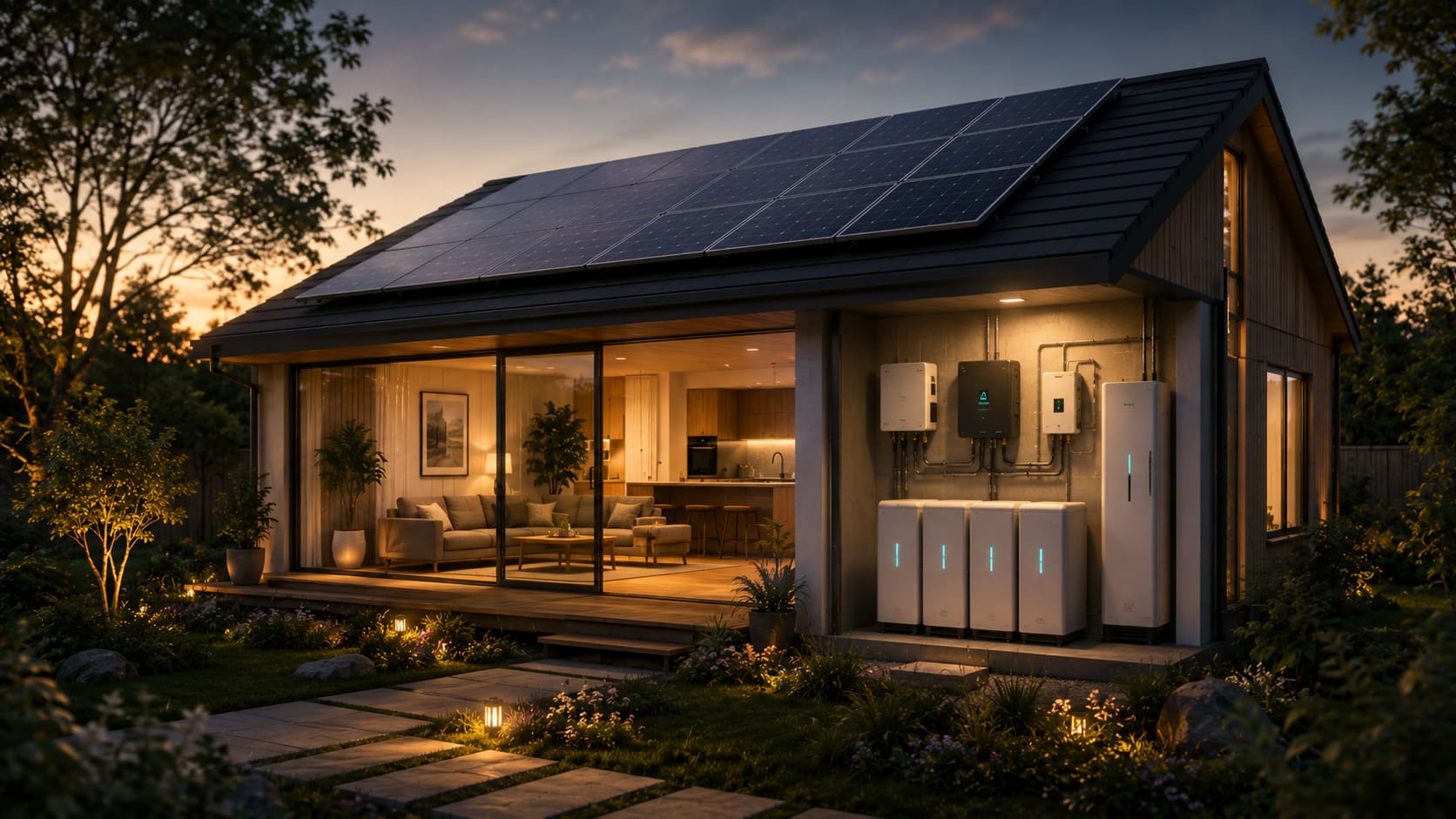 A home at dusk with rooftop solar and battery storage, warm light at the edge of a quiet grid