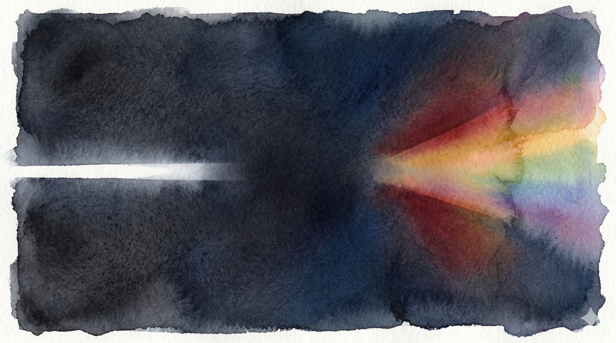 A beam of light passing through empty darkness, splitting into spectrum at the far edge