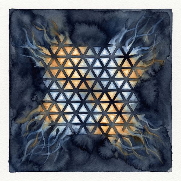 Triangular lattice mosaic of amber and blue-white fragments