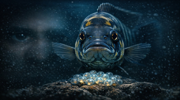 Cichlid guarding glowing eggs with a faint human gaze