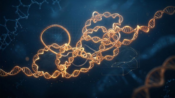 Glowing DNA strands folding into luminous architecture