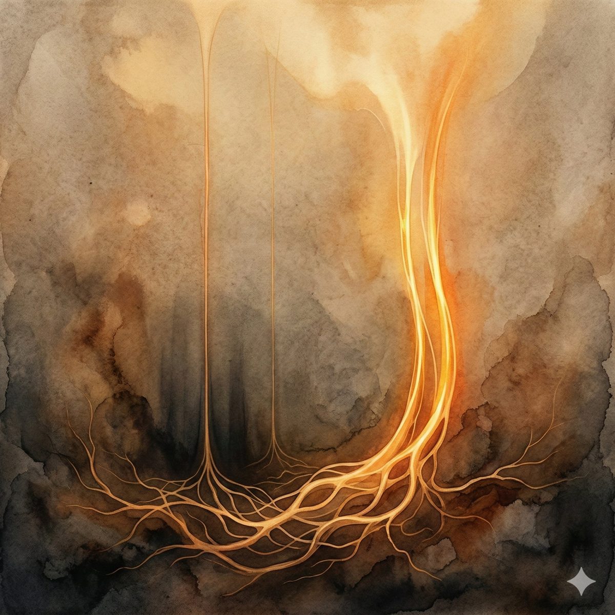 Warm light descending into earth and returning transformed — roots of amber light