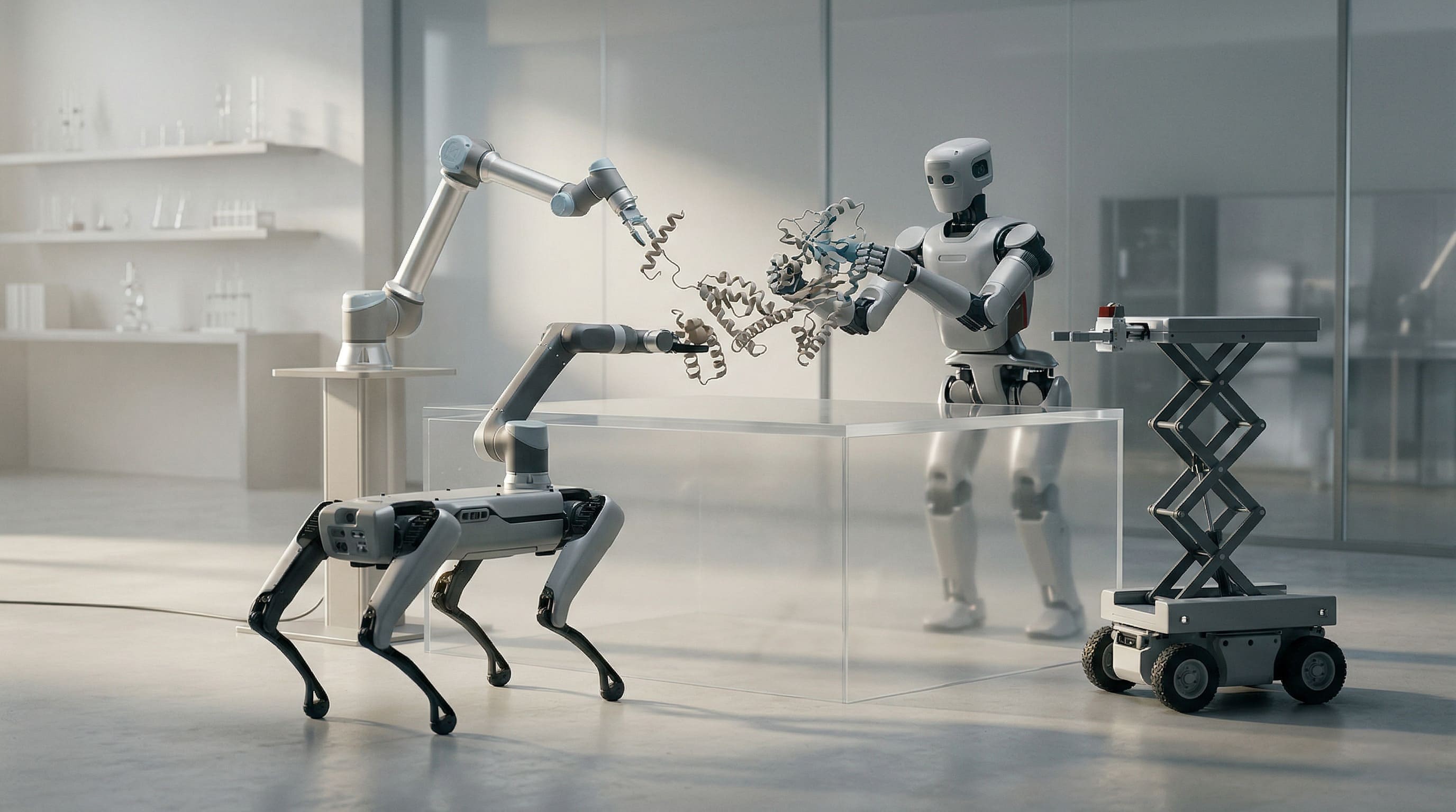 Differently shaped robotic forms in soft warm light, oriented toward a shared task