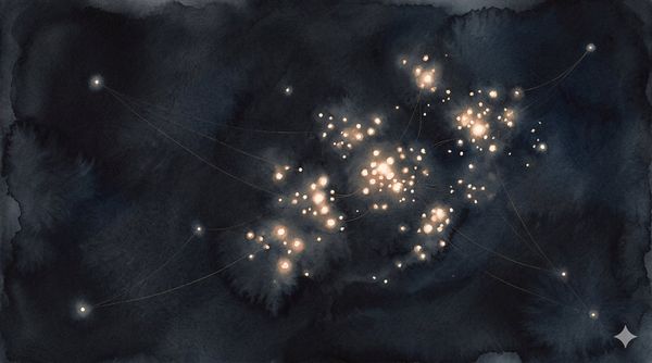 Faint gold filaments connecting distant points of light
