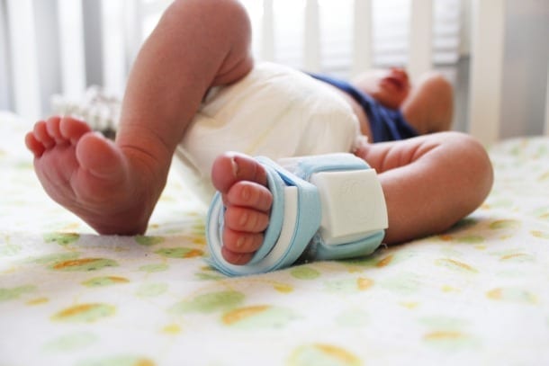 Washable baby bootie doubles as breathing monitor