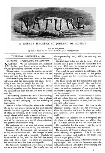 Cover of the first issue of Nature, 4 November 1869. (Photo credit: Wikipedia)