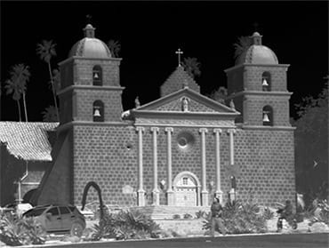 A historic building glows in this thermal image taken near Raytheon's Goleta, Calif. laboratories.