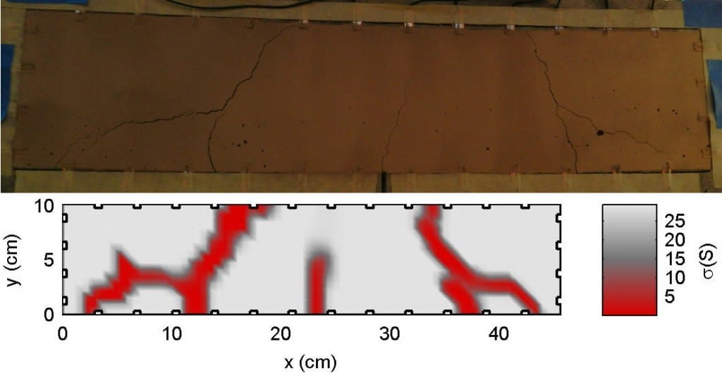 The “sensing skin” technology detects cracks in concrete (as in top image) and reports when and where the damage took place (as in bottom image). 