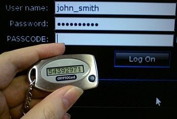 English: CryptoCard security token, displaying a One Time Password, being held in front of a Citrix XenApp login screen, partially filled in with example details. (Photo credit: Wikipedia)