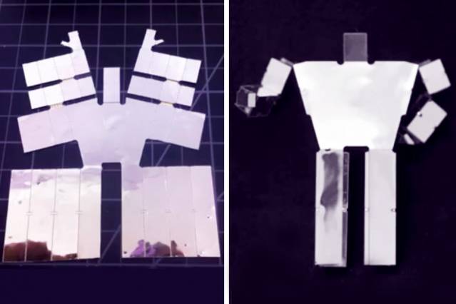 Before-and-after stills from the video "An End-to-End Approach to Making Self-Folded 3D Surface Shapes by Uniform Heating." The left image shows the self-folding sheet for a humanoid shape, while the right image shows the completed self-folded humanoid shape. Courtesy of the researchers