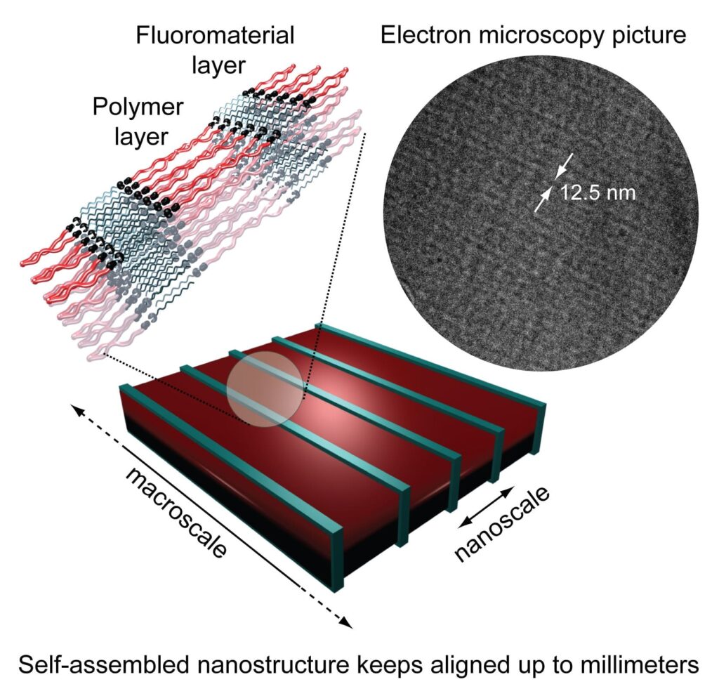 Schematics and electron microscopy picture of millimeters aligned self-assembled polymeric nanostructure.