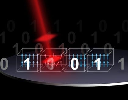 An artist impression of a laser pulse changing a magnetic bit