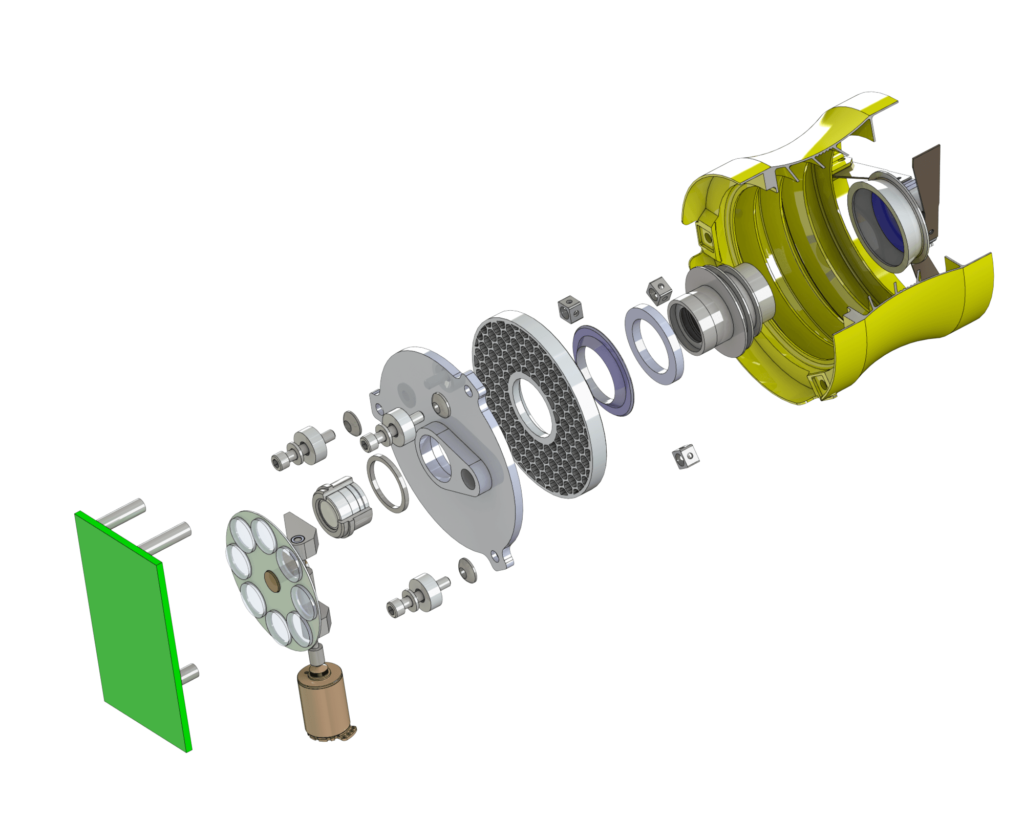 This is an exploded view of the CubeSat-class 50-millimeter (2-inch) imaging instrument that technologist Jason Budinoff is manufacturing with 3-D-printed parts. It shows the mirrors and integrated optical-mechanical structures. Image Credit: NASA Goddard/Jason Budinoff
