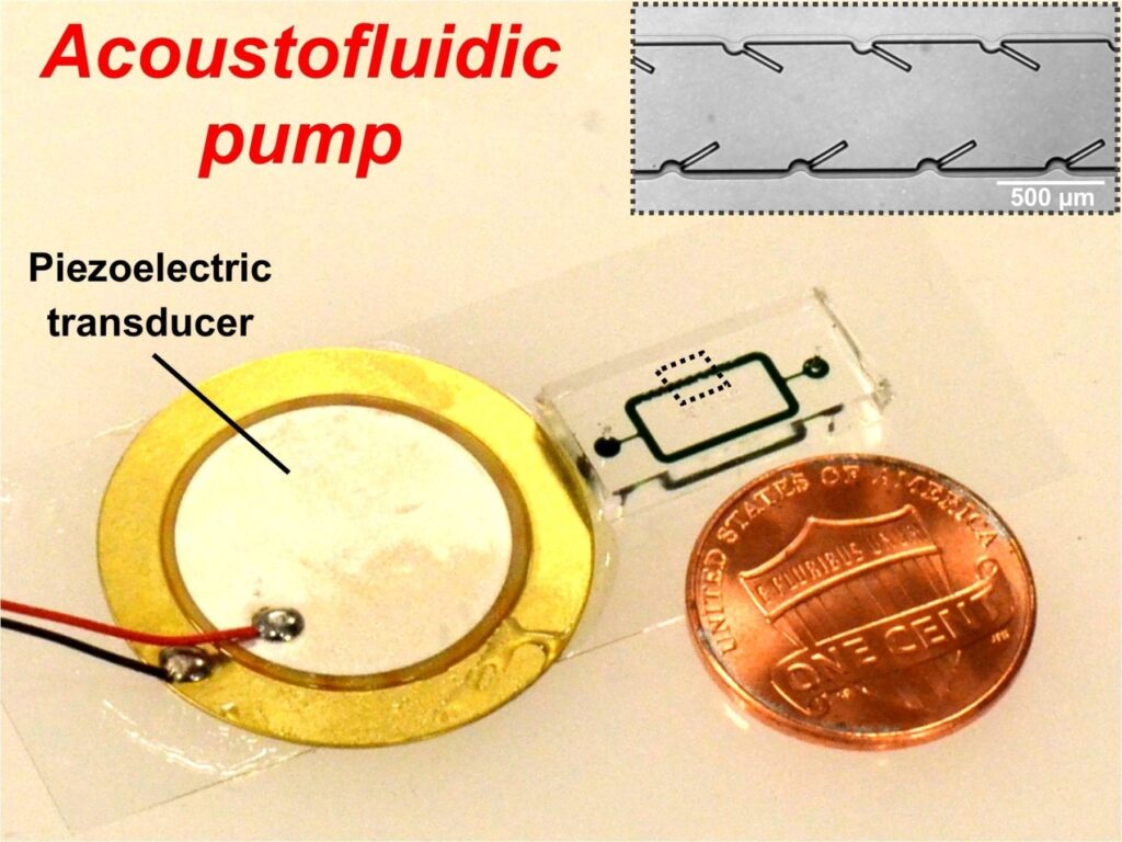Po-Hsun Huang and Tony Jun Huang, Penn State An acoustically powered pumping device with 250 micron long oscillating structures driven by a piezoelectric transducer mounted on a glass slide