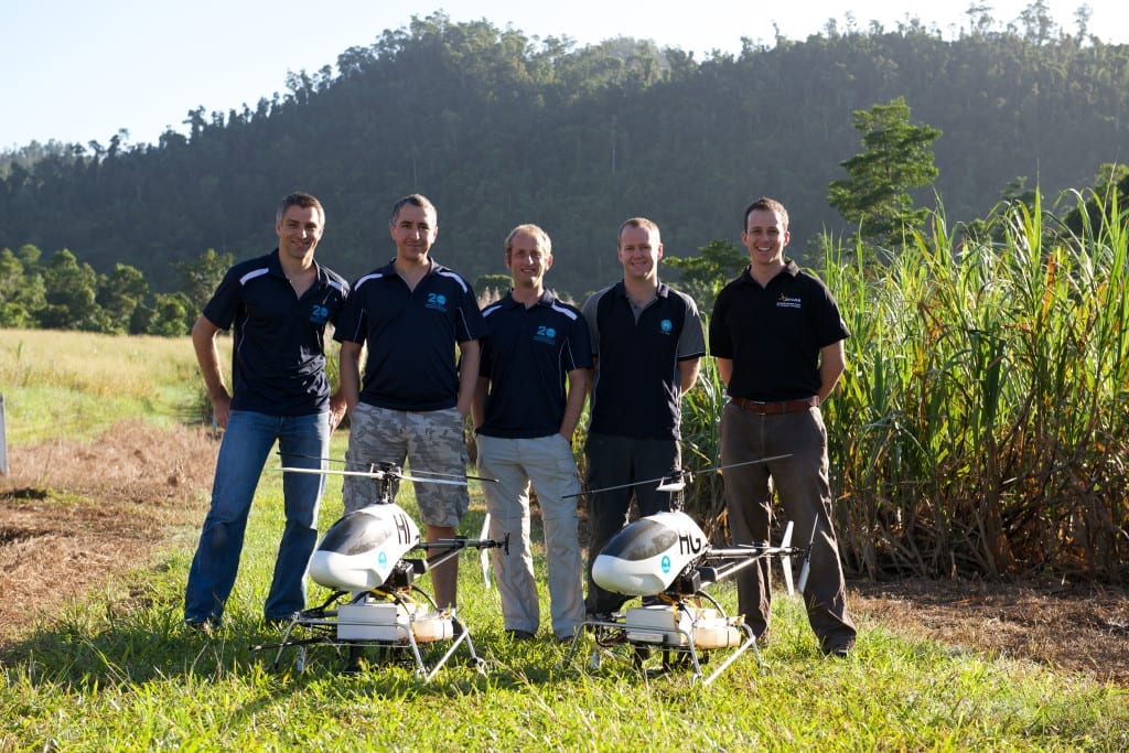 The team (L to R: Stefan Hrabar (CSIR0), Farid Kendoul (CSIRO), Torsten Merz (CSIRO), Brett Wood (CSIRO), Rowland Marshall (formerly QUT)) ©Stefan Hrabar-CSIRO