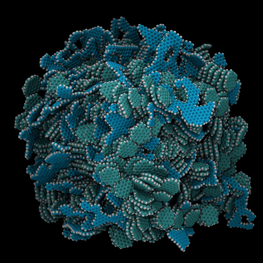 Researchers at ORNL and the University of Tennessee are studying the structure of plant-based battery materials by combining neutron experiments and supercomputer simulations. The molecular model pictured above shows the battery anode’s composition: amorphous carbon (blue), crystalline carbon (green), and hydrogen (white.) 