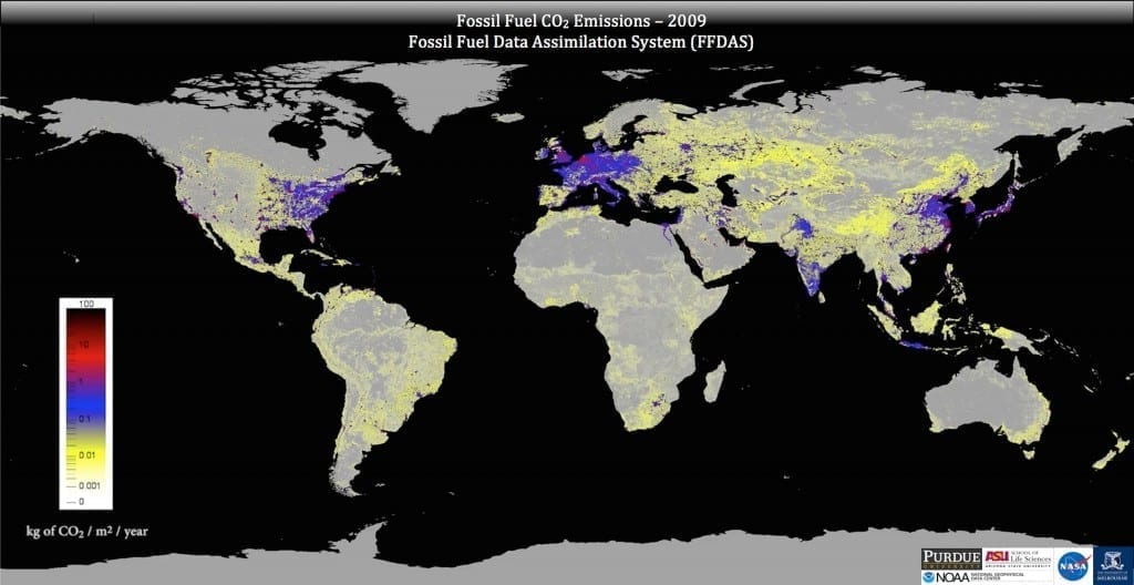 This image shows global fossil fuel carbon dioxide emissions as represented by the Fossil Fuel Data Assimilation System. Credit: Gurney lab