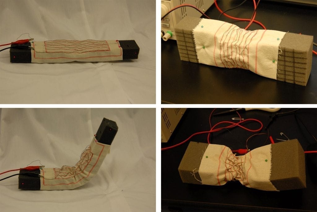 Orienting the robotic fabric in two different directions causes a block of foam to either bend or compress, a principle that could be used to create robots that inch forward or slither. (Purdue University photo/Rebecca Kramer) 