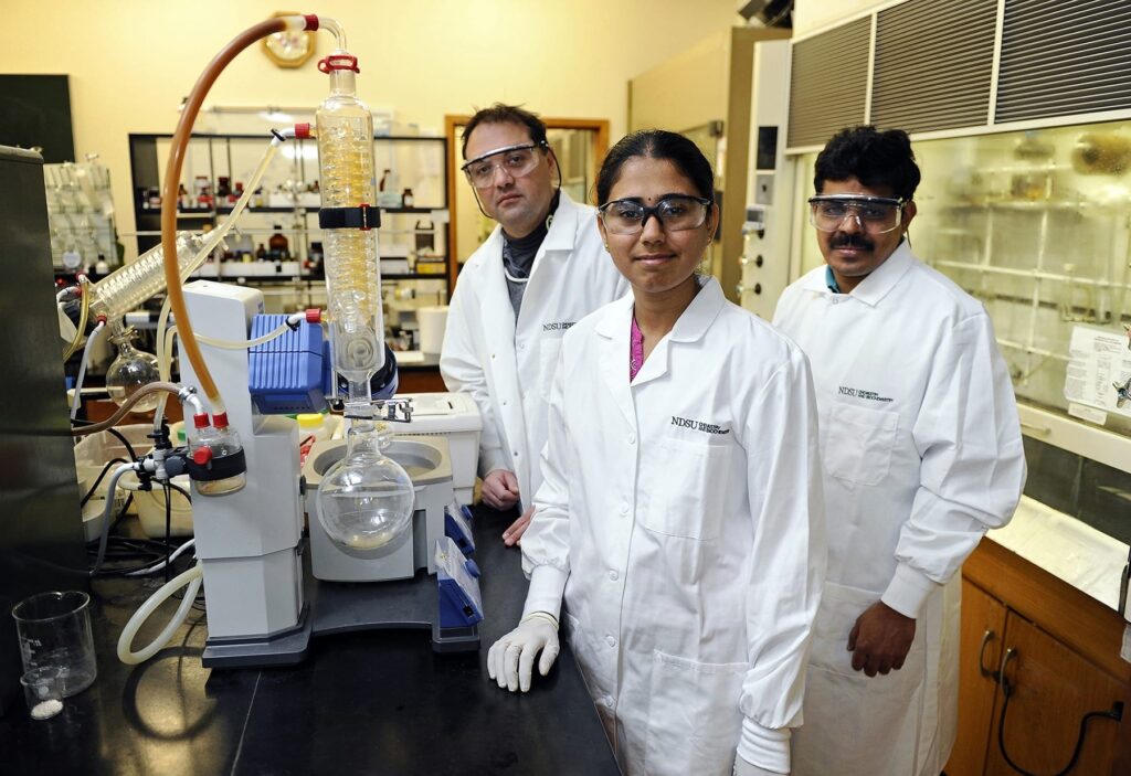 NDSU, Dan Koeck Researchers at North Dakota State University, Fargo, have developed a process using biomass to create plastic which can broken down by exposing it to ultraviolet light at 350 nanometers for three hours. 