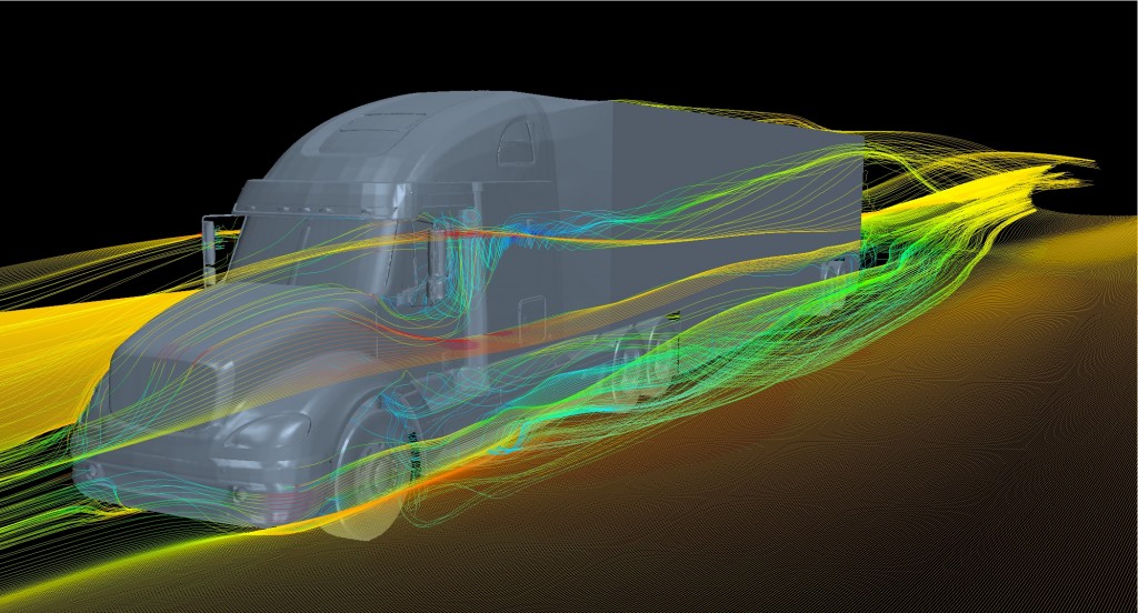 The computational images represent a single flow simulation around a typical on-the-road heavy vehicle at highway speed from different viewpoints. In this simulation, the trailer is aerodynamically treated by skirts and a tail fairing. The simulation incorporates a full-scale high-fidelity truck model with moving wheels. The flow field around the vehicle is highlighted by streamlines which are colored by velocity magnitude.