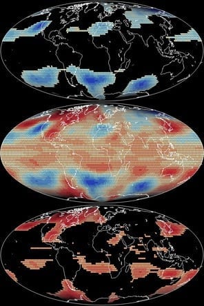 The middle panel illustrates spatial patterns of temperature anomalies for April 1998. The top panel shows locations that are below the 25th percentile, and the bottom panel shows locations that are above the 75th percentile.