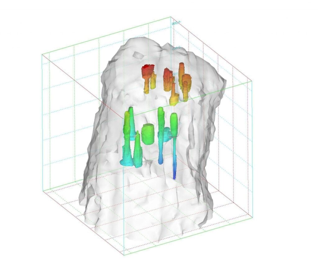Salt caverns such as the one depicted here could provide a low-cost solution for the geologic storage of hydrogen. The colors in the illustration represent depth, with blue as the deepest part of the cavern and red the most shallow. (Image courtesy of Sandia National Laboratories) 
