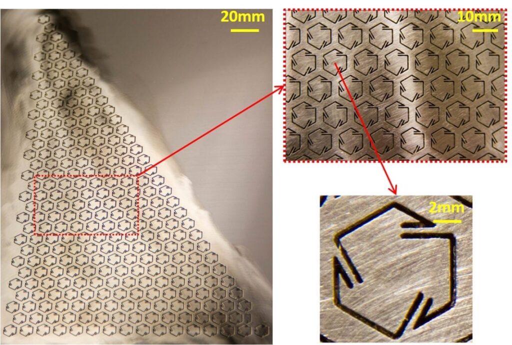 Detail of metamaterial structure The metamaterial was fabricated in a single steel sheet with laser engravings creating chiral microstructures. It is the first material to be made of a single medium. Credit: Guoliang Huang