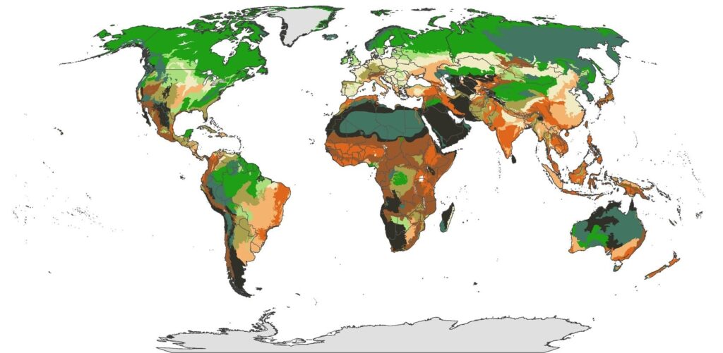 A new map showing the regional effects of climate change when integrated with existing vegetation loss. The most vulnerable regions are a light cream colour via theconversation.com