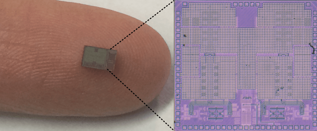 Image courtesy Jin Zhou and Harish Krishnaswamy, Columbia Engineering CoSMIC (Columbia high-Speed and Mm-wave IC) Lab full-duplex transceiver IC that can be implemented in nanoscale CMOS to enable simultaneous transmission and reception at the same frequency in a wireless radio.