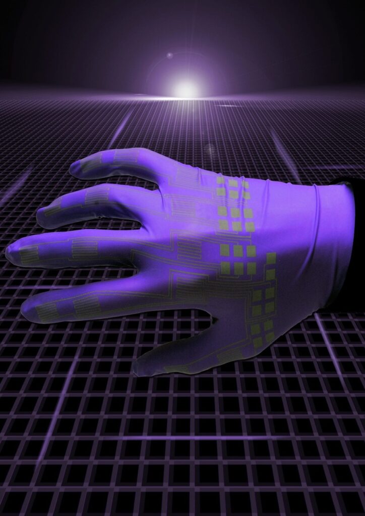 This artistic rendering depicts electronic devices created using a new inkjet-printing technology to produce circuits made of liquid-metal alloys for "soft robots" and flexible electronics. Elastic technologies could make possible a new class of pliable robots and stretchable garments that people might wear to interact with computers or for therapeutic purposes. (Alex Bottiglio/Purdue University