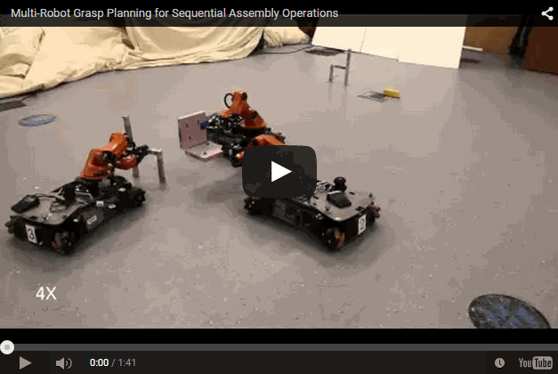 Watch the MIT researchers' team of robots collaborating to build a chair. The robots autonomously plan how to grasp the parts and how to position their bases. Courtesy of the researchers