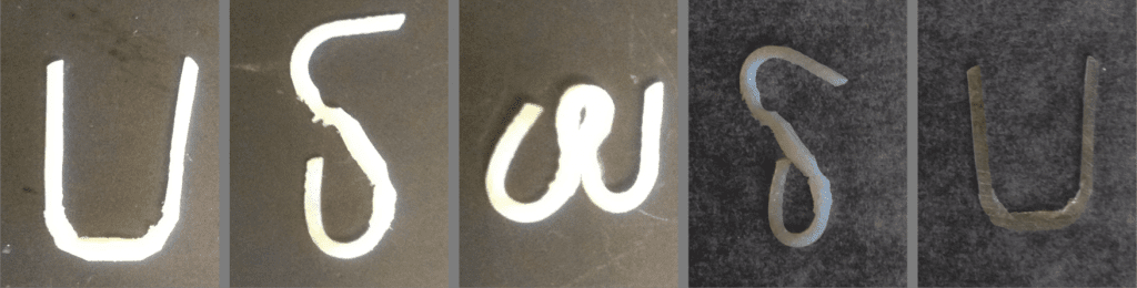 A new plastic developed by ORNL and Washington State University transforms from its original shape (left) through a series of temporary shapes and returns to its initial form. The shape-shifting process is controlled through changes in temperature.