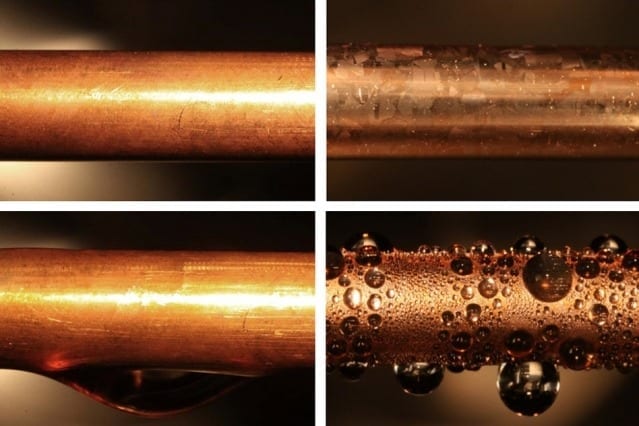 An uncoated copper condenser tube (top left) is shown next to a similar tube coated with graphene (top right). When exposed to water vapor at 100 degrees Celsius, the uncoated tube produces an inefficient water film (bottom left), while the coated shows the more desirable dropwise condensation (bottom right). Courtesy of the researchers