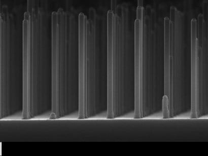 Array of nanowires gallium phosphide made with an electron microscope. Photo: Eindhoven University of Technology.