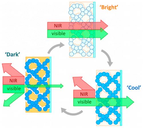 The illustration demonstrates the dark, bright and cool mode made possible by the researchers' new architected nanocomposite. The team organized the two components of the composite material to create a porous interpenetrating network. This organization enables substantially faster switching between modes. CREDIT Nano Letters