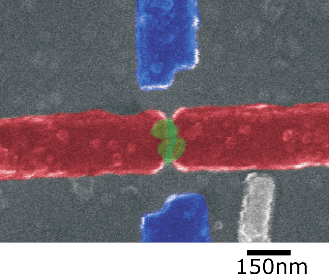 False color scanning electron microscope image of the device. The two green spots are the quantum dots located in the gap between the two (red) electrodes.