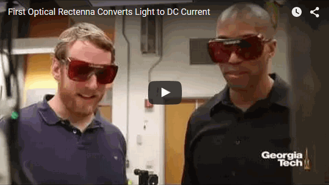 VIDEO -Using nanometer-scale components, researchers have demonstrated the first optical rectenna, a device that combines the functions of an antenna and a rectifier diode to convert light directly into DC current. 