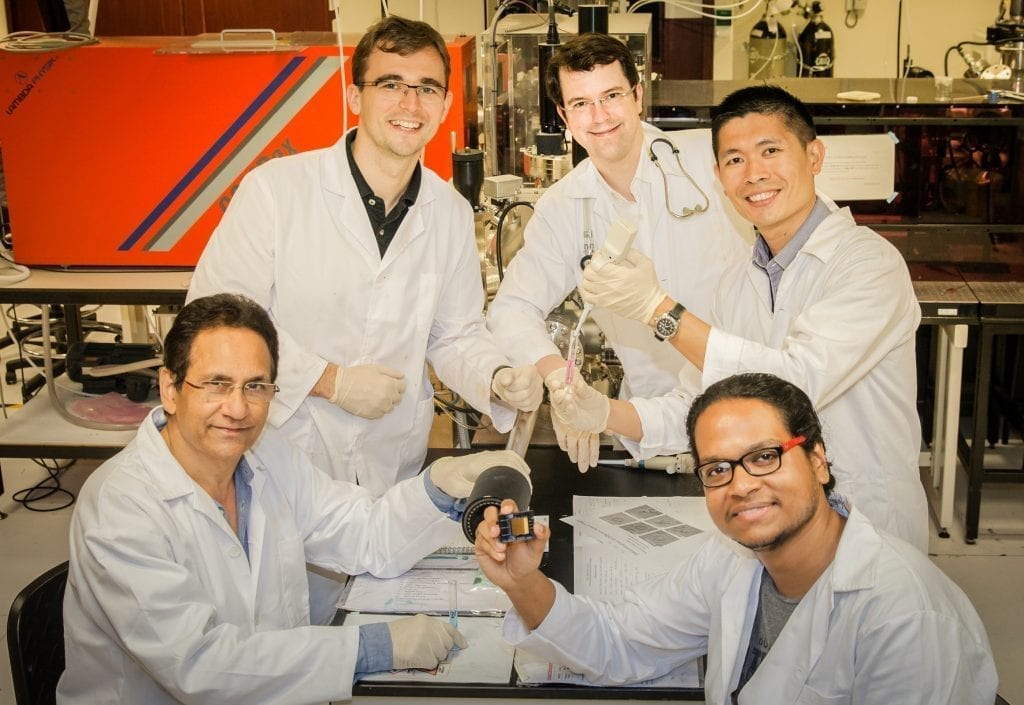 Researchers from the National University of Singapore, comprising (from left to right) Professor T. Venky Venkatesan, Mr Michal Marcin Dykas, Assistant Professor Chester Lee Drum, Assistant Professor James Kah and Mr Abhijeet Patra, have developed a technique to observe, in real time, how individual blood components interact and modify advanced nanoparticle therapeutics. (Photo credit: National University of Singapore)