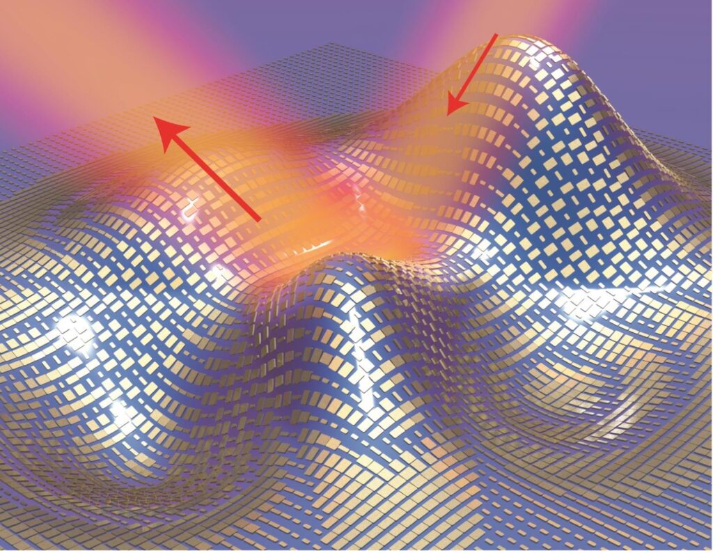 A 3D illustration of a metasurface skin cloak made from an ultrathin layer of nanoantennas (gold blocks) covering an arbitrarily shaped object. Light reflects off the cloak (red arrows) as if it were reflecting off a flat mirror.