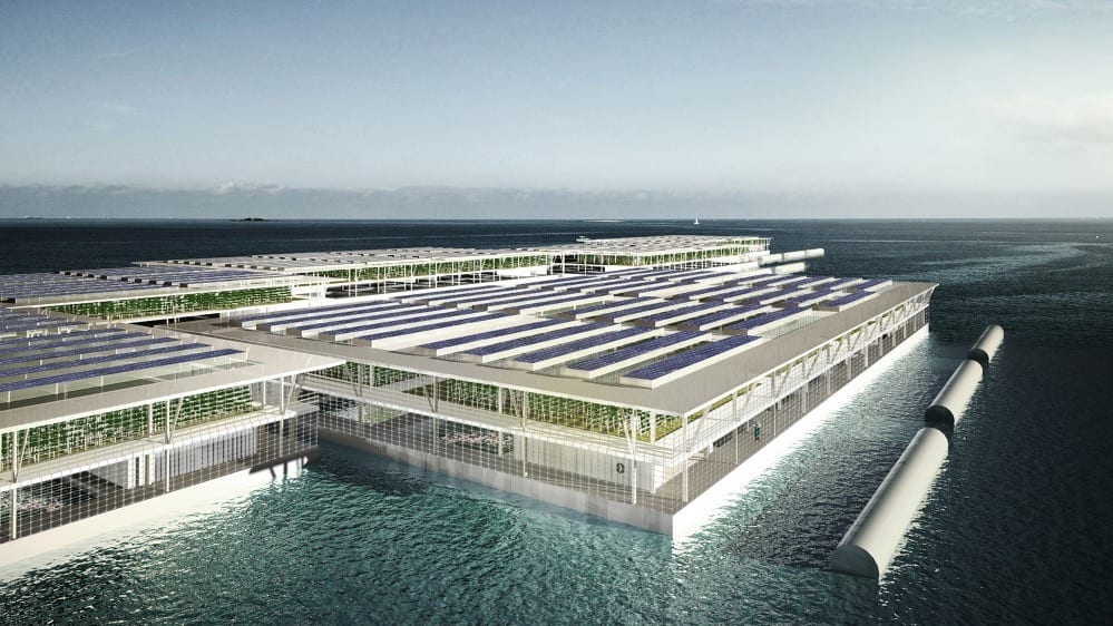 Each Smart Floating Farm would be a triple-decker barge, featuring a fish farm, hydroponic garden and rooftop solar panels (Credit: Smart Floating Farms)