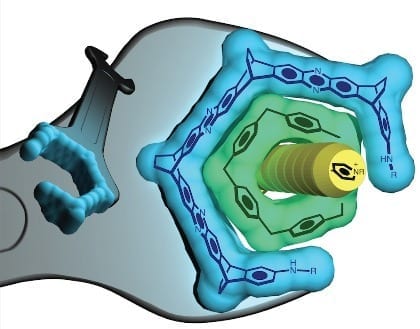 A blue wrench (of molecules) to adjust a green bolt (a pillarene ring) that binds a yellow chemical “guest.” It’s a new tool — just 1.7 nanometers wide — that could help scientists catalyze and create a host of useful new materials. (Image courtesy of Severin Schneebeli)