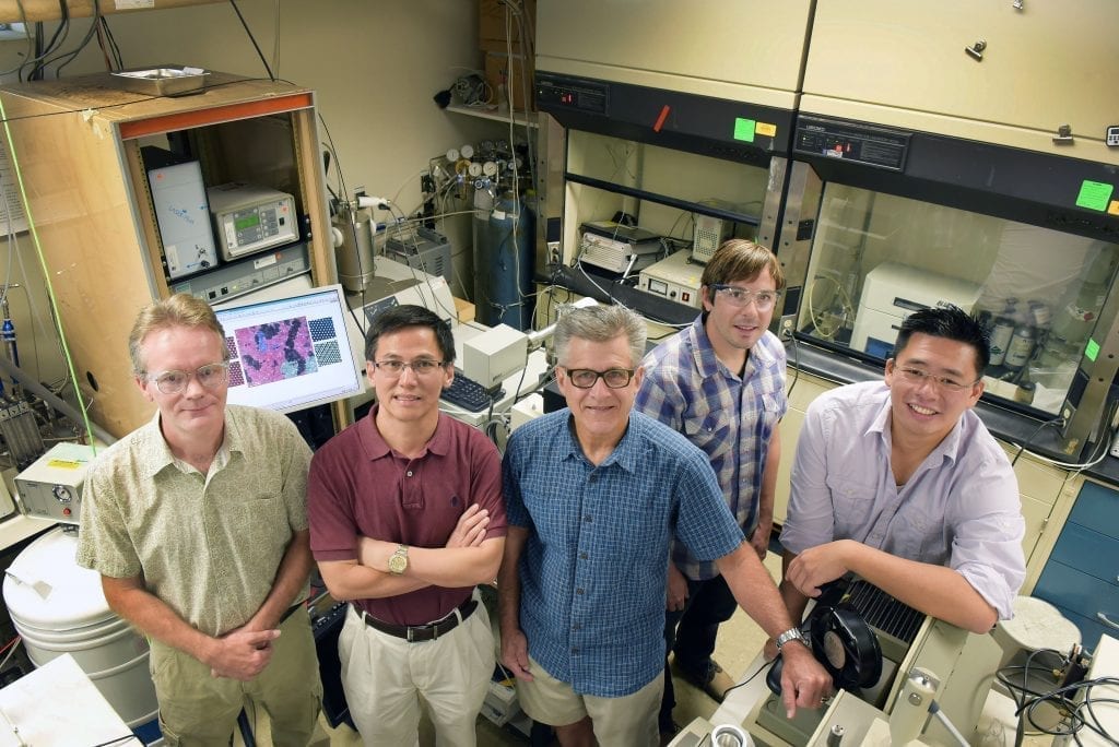 Sandia National Laboratories researchers, from right, Stan Chou, Bryan Kaehr, Jeff Brinker, Ping Lu and Eric Coker, gather in a lab where work on the catalyst molybdenum disulfide was achieved. (Photo by Randy Montoya)