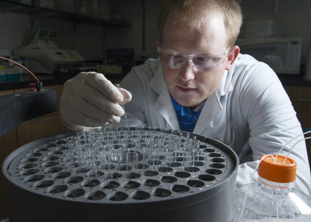 PhD student Jacob Williams works in the lab. engineering) Just add water therapeutics Student- Jacob Williams November 17, 2015 Photography by: Mark A. Philbrick/BYU Photo Copyright BYU Photo 2015 All Rights Reserved photo@byu.edu (801)422-7322 8018