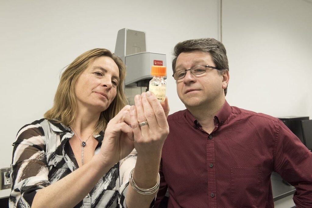Sophie Lerouge and Réjean Lapointe examine the cancer fighting biogel they have developped. Credit: CRCHUM