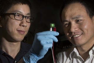 Bruce Palmer/Florida State University Assistant Professor of Physics Hanwei Gao and Associate Professor of Chemical Engineering Biwu Ma examine their LED material.