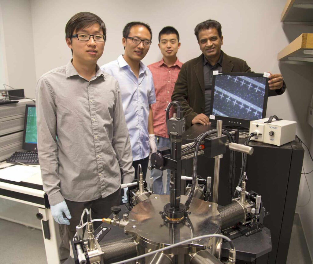 Professor Kaustav Banerjee (right) with researchers in his Nanoelectronics Research Lab at UC Santa Barbara. CREDIT UCSB