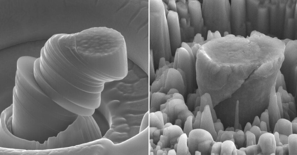 UCLA Scifacturing Laboratory At left, a deformed sample of pure metal; at right, the strong new metal made of magnesium with silicon carbide nanoparticles. Each central micropillar is about 4 micrometers across.