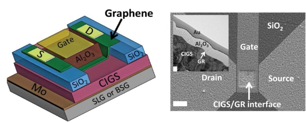 Left: Schematic of a graphene field-effect-transistor used in this study. The device consists of a solar cell containing graphene stacked on top of a high-performance copper indium gallium diselenide (CIGS) semiconductor, which in turn is stacked on an industrial substrate (either soda-lime glass, SLG, or sodium-free borosilicate glass, BSG). The research revealed that the SLG substrate serves as a source of sodium doping, and improved device performance in a way not seen in the sodium-free substrate. Right: A scanning electron micrograph of the device as seen from above, with the white scale bar measuring 10 microns, and a transmission electron micrograph inset of the CIGS/graphene interface where the white scale bar measures 100 nanometers.