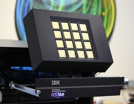 The 16-chip IBM TrueNorth platform Lawrence Livermore will receive later this week. The scalable platform will process the equivalent of 16 million neurons and 4 billion synapses and consume the energy equivalent of a hearing-aid battery – a mere 2.5 watts of power. Photo courtesy of IBM